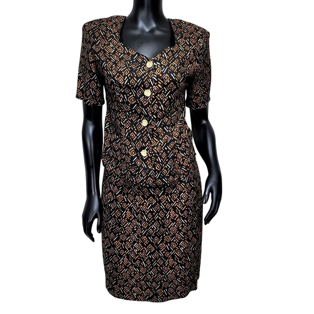 Wrapper Vintage 90s Geometric Tribal Print 2 Piece Skirt Set Brown Black Small